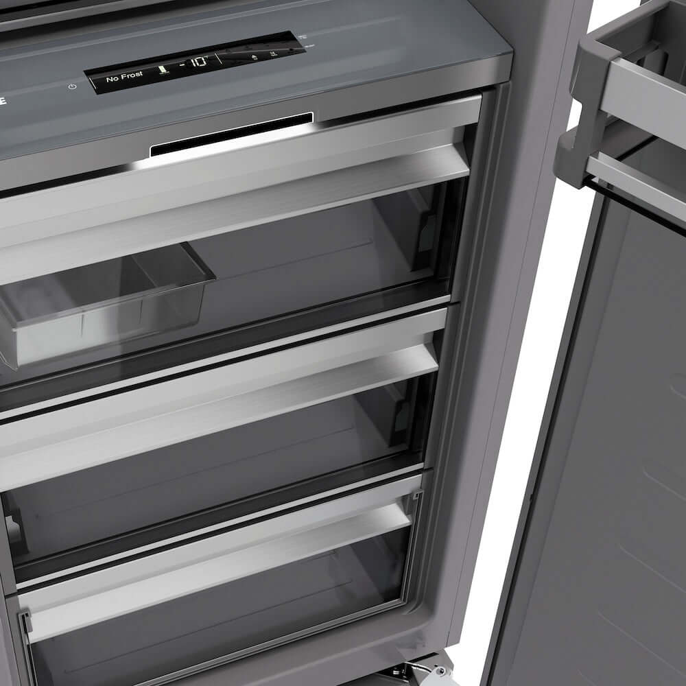 ZLINE Autograph Edition 18 in. 8.6 cu. ft. Panel Ready Right Hinge Column Freezer with Graphite Gray Interior and Champagne Bronze Accents (RBCFVRZ-18-CB) storage drawers.
