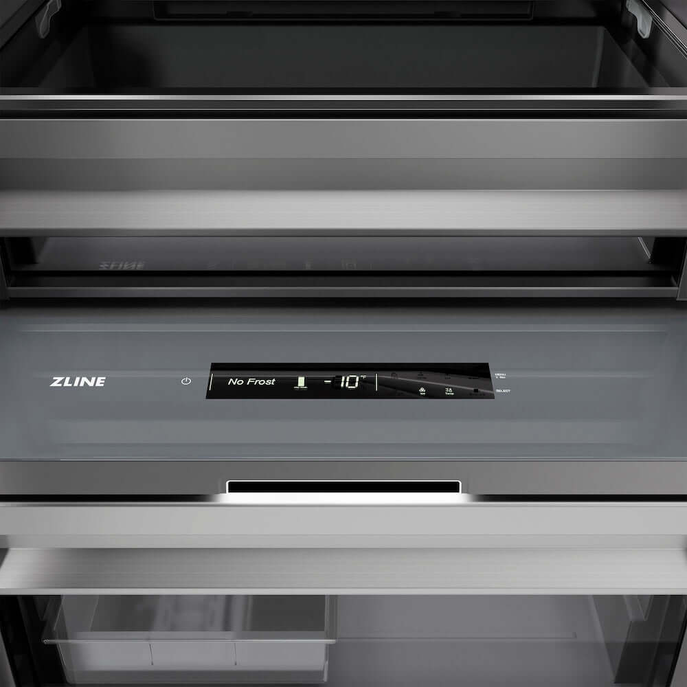ZLINE Autograph Edition 18 in. 8.6 cu. ft. Panel Ready Right Hinge Column Freezer with Graphite Gray Interior and Champagne Bronze Accents (RBCFVRZ-18-CB) touch controls and display.