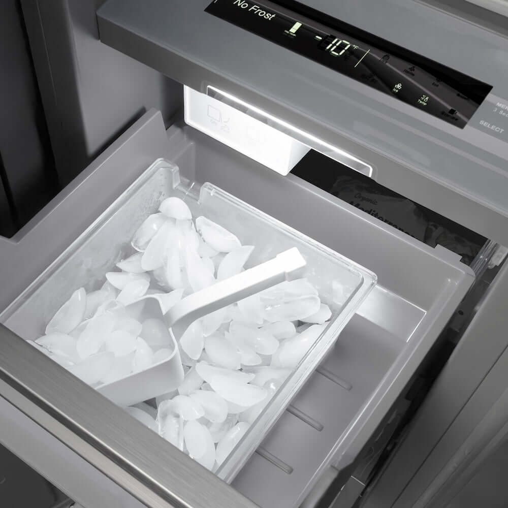 ZLINE Autograph Edition 18 in. 8.6 cu. ft. Panel Ready Right Hinge Column Freezer with Graphite Gray Interior and Polished Gold Accents (RBCFVRZ-18-G) ice and ice scoop.