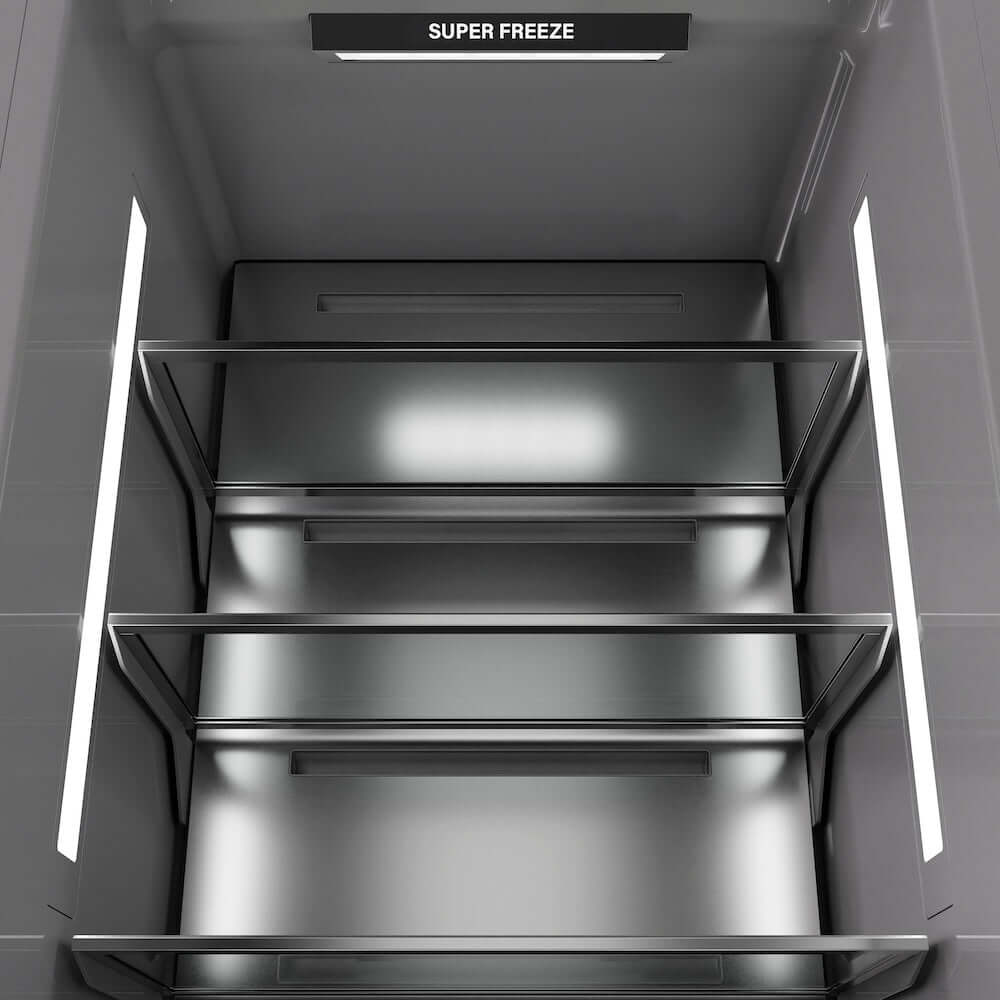 ZLINE Autograph Edition 18 in. 8.6 cu. ft. Panel Ready Right Hinge Column Freezer with Graphite Gray Interior and Polished Gold Accents (RBCFVRZ-18-G) interior illumination.