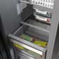 ZLINE Autograph Edition 18 in. 8.6 cu. ft. Panel Ready Right Hinge Column Freezer with Graphite Gray Interior and Polished Gold Accents (RBCFVRZ-18-G) shelving with food.