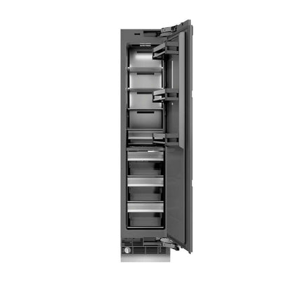 ZLINE Autograph Edition 18 in. 8.6 cu. ft. Panel Ready Right Hinge Column Freezer with Graphite Gray Interior and Polished Gold Accents (RBCFVRZ-18-G) front, open.