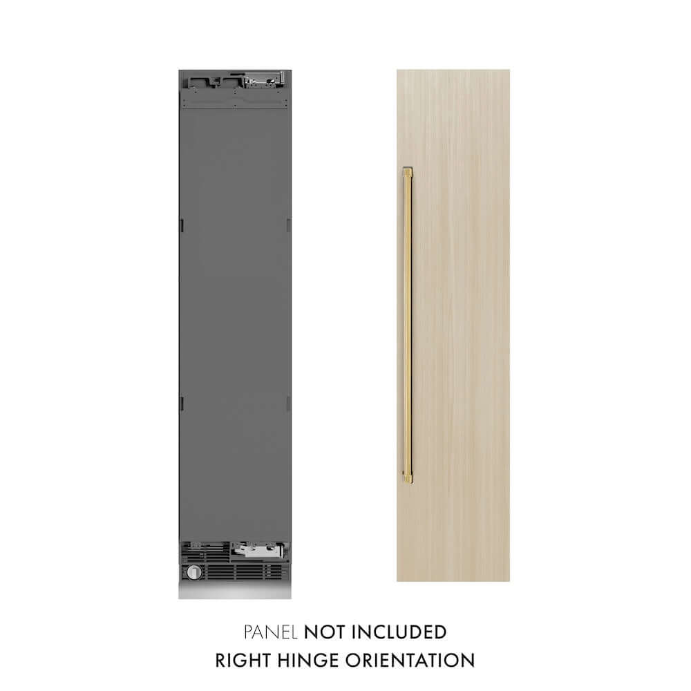 ZLINE Autograph Edition 18 in. 8.6 cu. ft. Panel Ready Right Hinge Column Freezer with Graphite Gray Interior and Polished Gold Accents (RBCFVRZ-18-G) front, next to custom panels. Text: Panels not included.