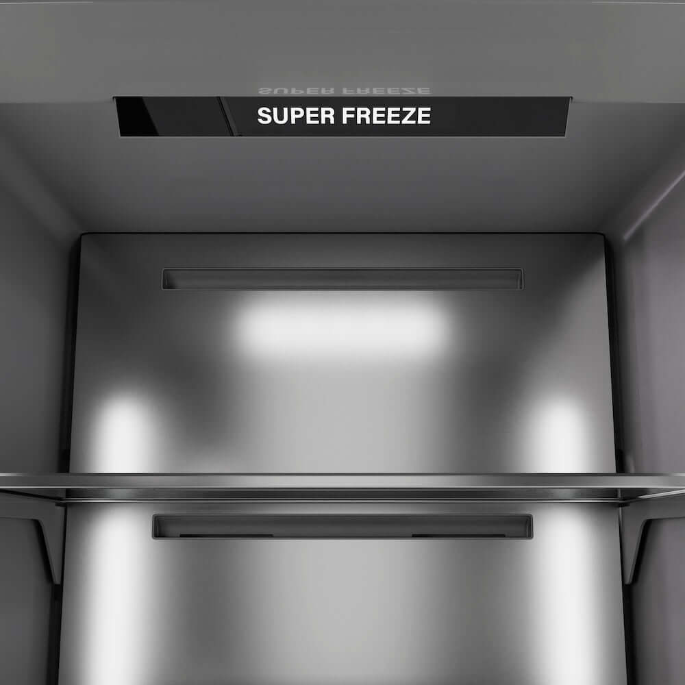 ZLINE Autograph Edition 18 in. 8.6 cu. ft. Panel Ready Right Hinge Column Freezer with Graphite Gray Interior and Matte Black Accents (RBCFVRZ-18-MB) super freeze technology.