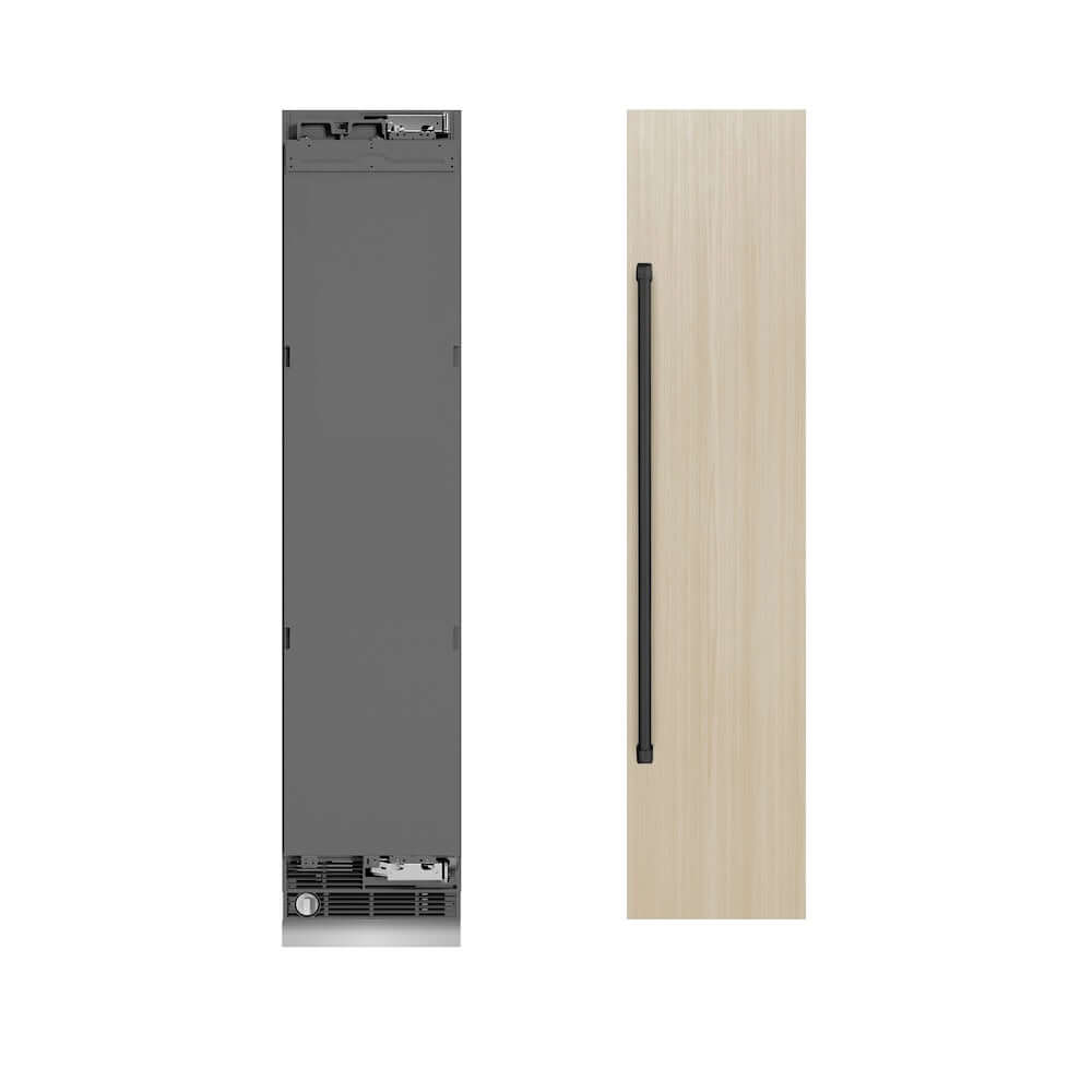 ZLINE Autograph Edition 18 in. 8.6 cu. ft. Panel Ready Right Hinge Column Freezer with Graphite Gray Interior and Matte Black Accents (RBCFVRZ-18-MB) unit without panels next to custom panels.