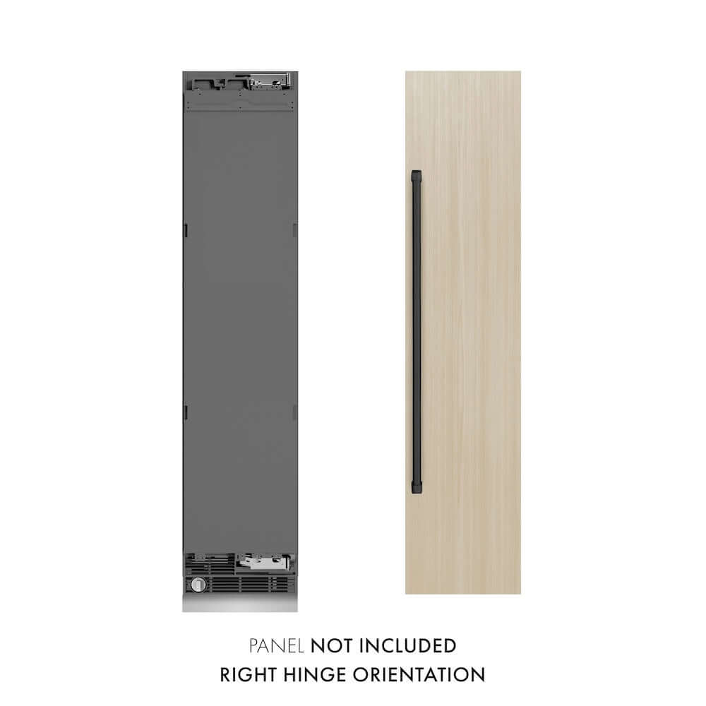 ZLINE Autograph Edition 18 in. 8.6 cu. ft. Panel Ready Right Hinge Column Freezer with Graphite Gray Interior and Matte Black Accents (RBCFVRZ-18-MB) front, next to custom panels. Text: Panels not included.