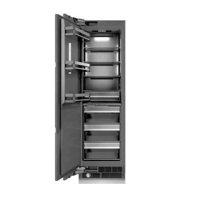ZLINE Autograph Edition 24 in. 12.4 cu. ft. Panel Ready Column Freezer with Graphite Gray Interior and Champagne Bronze Accents (RBCFVZ-24-CB) front, open.