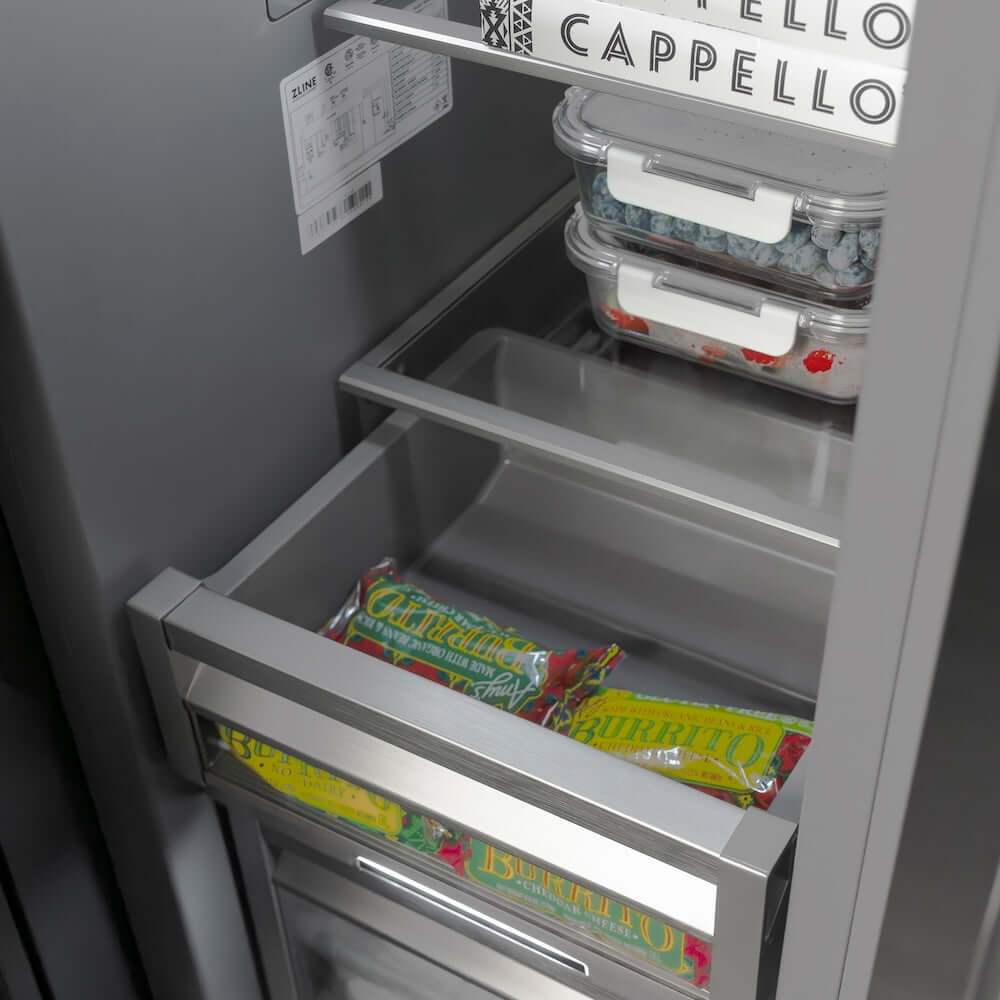 ZLINE Autograph Edition 24 in. 12.4 cu. ft. Panel Ready Column Freezer with Graphite Gray Interior and Polished Gold Accents (RBCFVZ-24-G) shelving with food.
