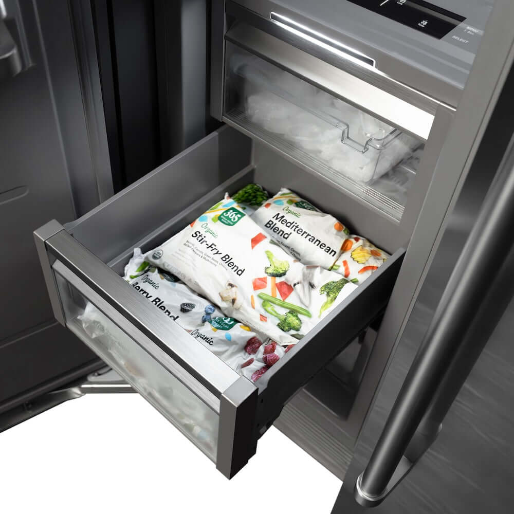 ZLINE Autograph Edition 24 in. 12.4 cu. ft. Panel Ready Column Freezer with Graphite Gray Interior and Matte Black Accents (RBCFVZ-24-MB) food inside drawers.