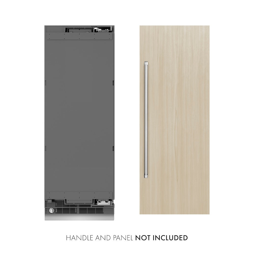 ZLINE 30 in. 16.7 cu. ft. Panel Ready Column Refrigerator with Graphite Gray Interior (RBCRV-30) front, next to custom panel and handle. Text: Panel and handle not included.