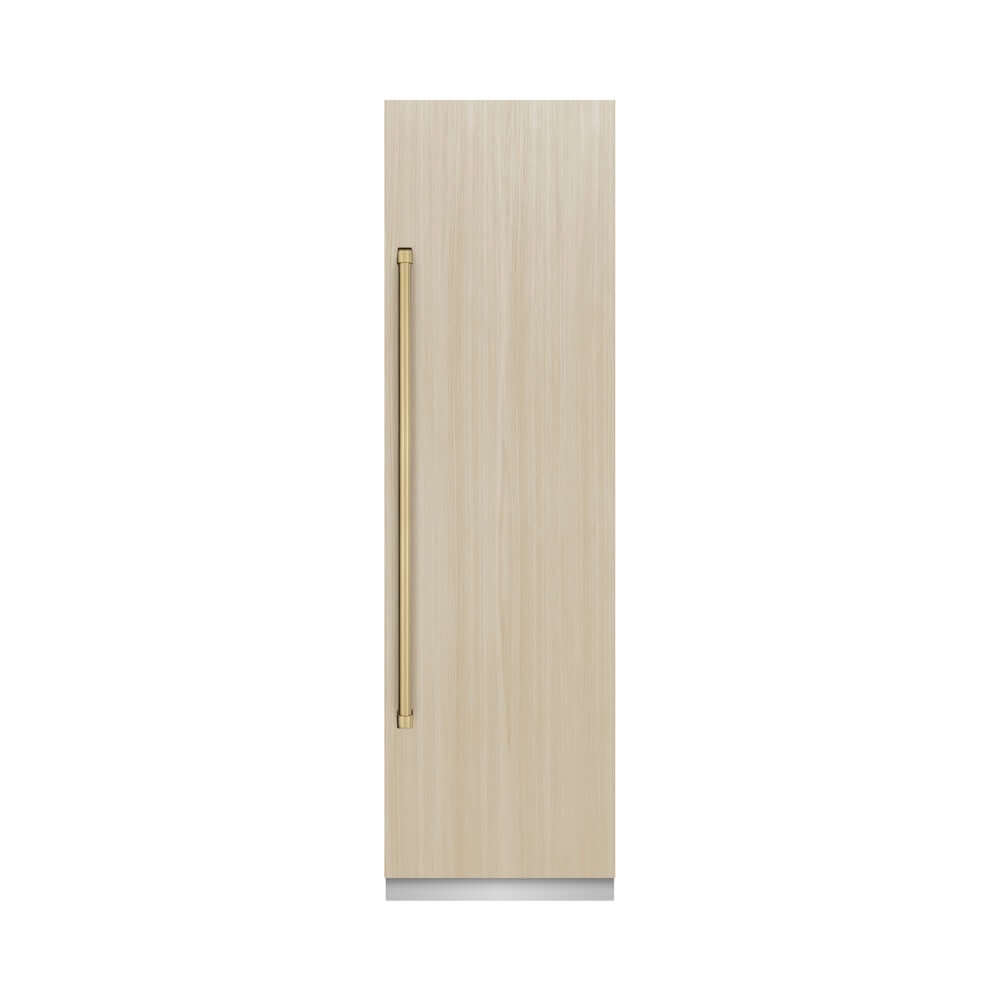 ZLINE Autograph Edition 24 in. 12.5 cu. ft. Panel Ready Column Refrigerator with Graphite Gray Interior and Champagne Bronze Accents (RBCRVZ-24-CB) front, closed, with custom panel.