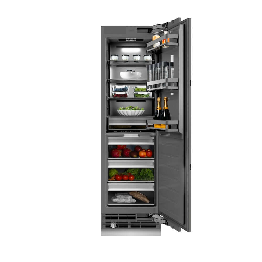 ZLINE Autograph Edition 24 in. 12.5 cu. ft. Panel Ready Column Refrigerator with Graphite Gray Interior and Champagne Bronze Accents (RBCRVZ-24-CB) front, open, with food inside.