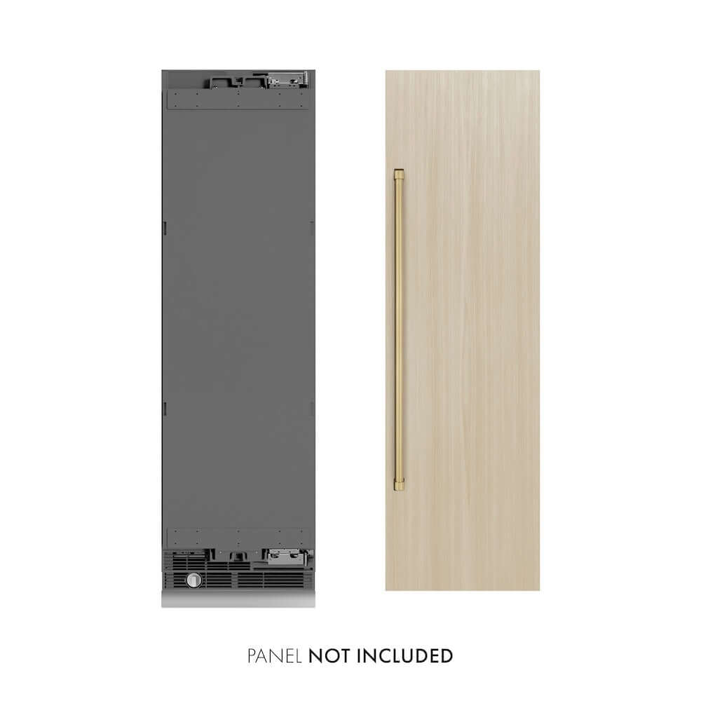 ZLINE Autograph Edition 24 in. 12.5 cu. ft. Panel Ready Column Refrigerator with Graphite Gray Interior and Champagne Bronze Accents (RBCRVZ-24-CB) front, next to custom panels. Text: Panels not included.