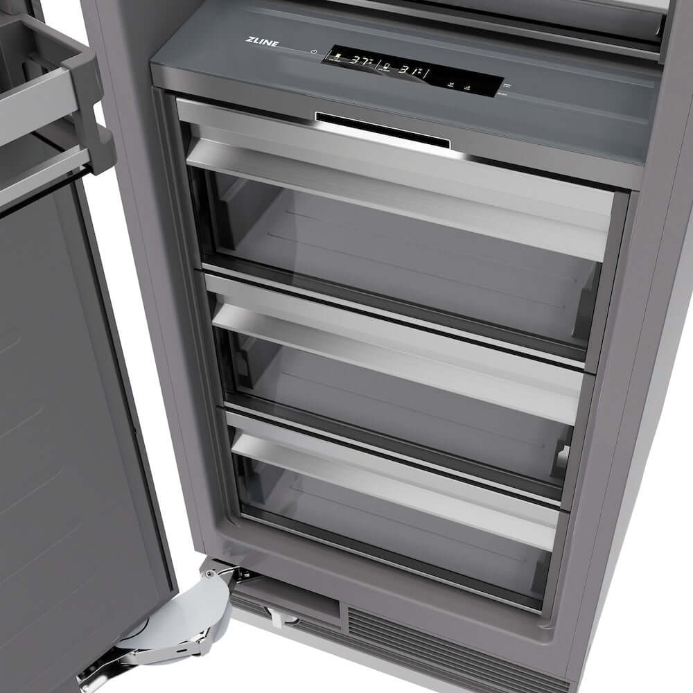 ZLINE Autograph Edition 24 in. 12.5 cu. ft. Panel Ready Column Refrigerator with Graphite Gray Interior and Matte Black Accents (RBCRVZ-24-MB) storage drawers.