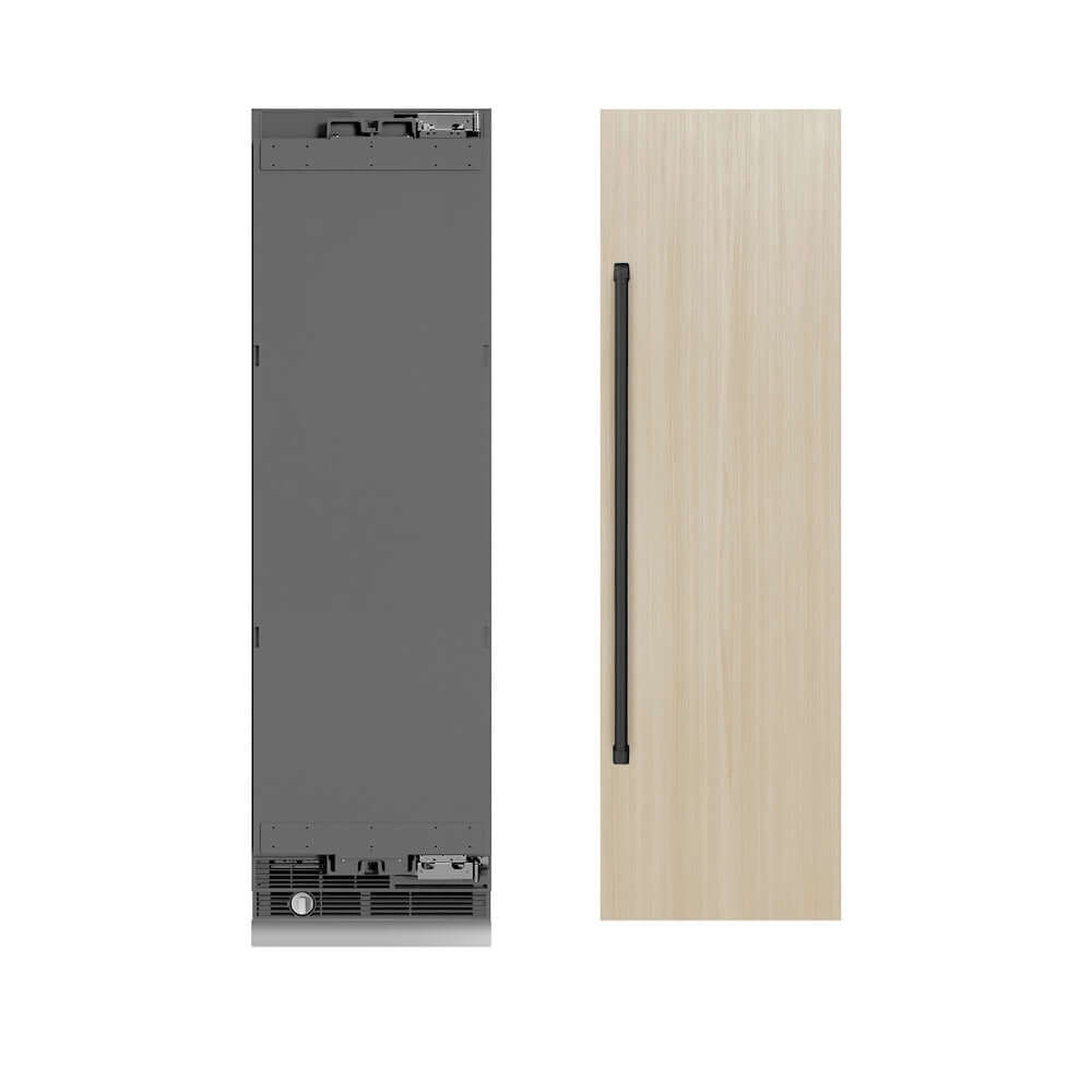 ZLINE Autograph Edition 24 in. 12.5 cu. ft. Panel Ready Column Refrigerator with Graphite Gray Interior and Matte Black Accents (RBCRVZ-24-MB) unit without panels next to custom panels.