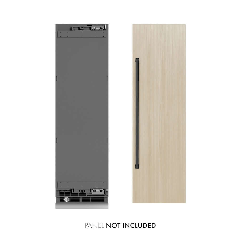 ZLINE Autograph Edition 24 in. 12.5 cu. ft. Panel Ready Column Refrigerator with Graphite Gray Interior and Matte Black Accents (RBCRVZ-24-MB) front, next to custom panels. Text: Panels not included.