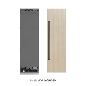 ZLINE Autograph Edition 24 in. 12.5 cu. ft. Panel Ready Column Refrigerator with Graphite Gray Interior and Matte Black Accents (RBCRVZ-24-MB) front, next to custom panels. Text: Panels not included.