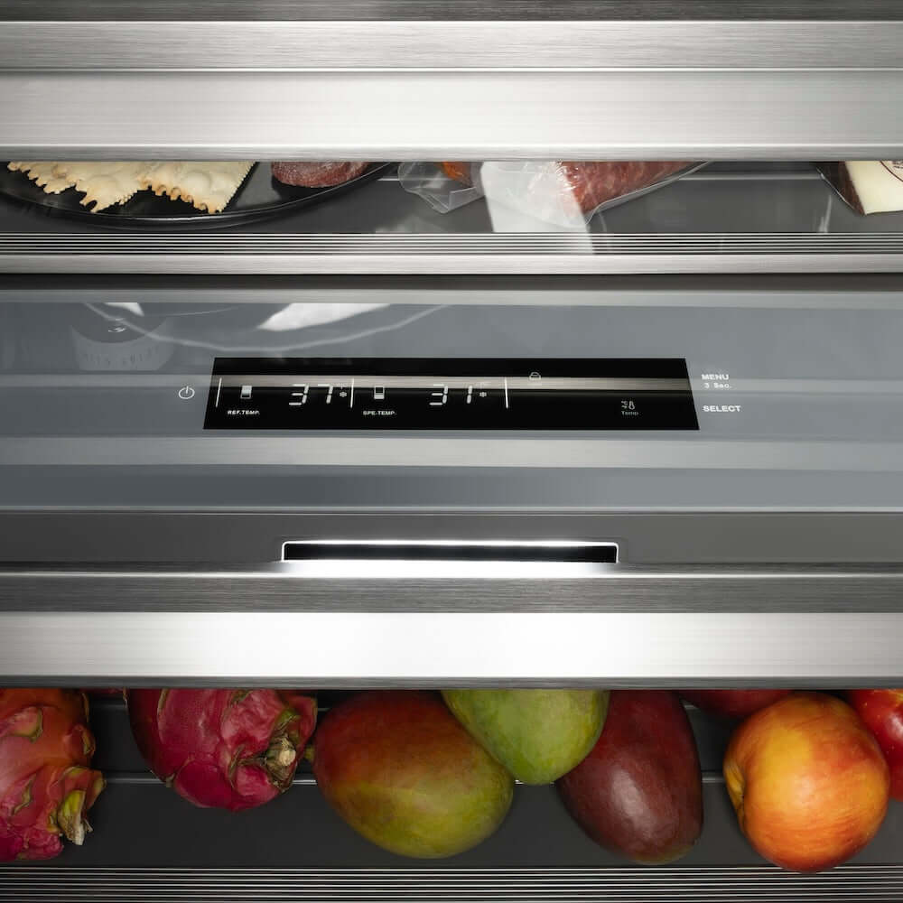 ZLINE Autograph Edition 30 in. 16.7 cu. ft. Panel Ready Column Refrigerator with Graphite Gray Interior and Champagne Bronze Accents (RBCRVZ-30-CB) control panel.