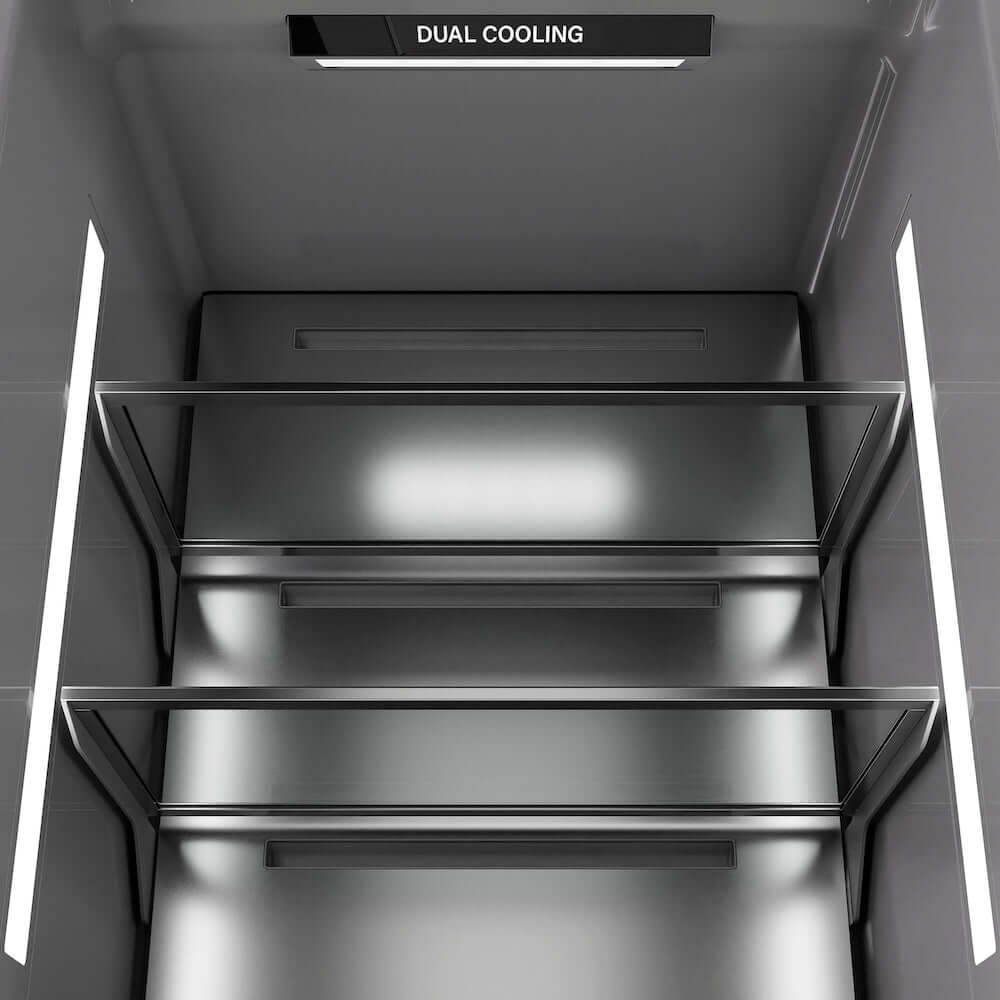 ZLINE Autograph Edition 30 in. 16.7 cu. ft. Panel Ready Column Refrigerator with Graphite Gray Interior and Champagne Bronze Accents (RBCRVZ-30-CB) interior illumination.