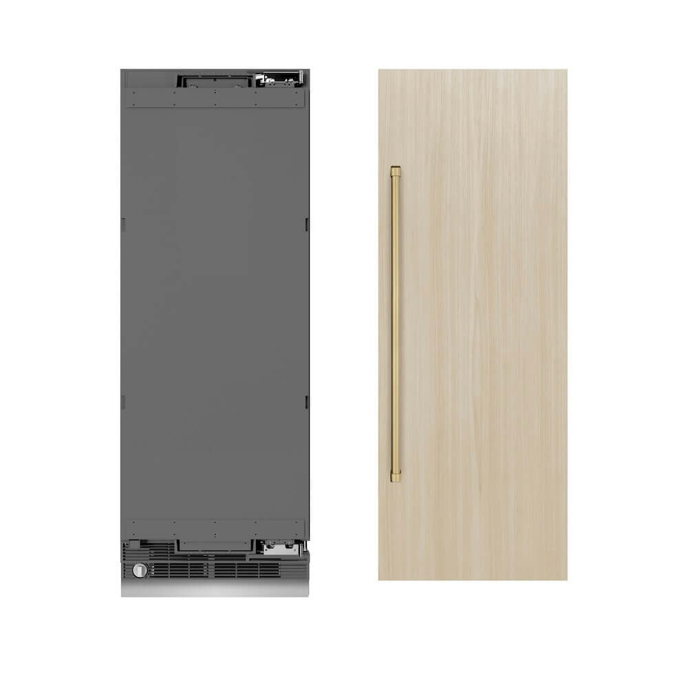 ZLINE Autograph Edition 30 in. 16.7 cu. ft. Panel Ready Column Refrigerator with Graphite Gray Interior and Champagne Bronze Accents (RBCRVZ-30-CB) unit without panels next to custom panels.