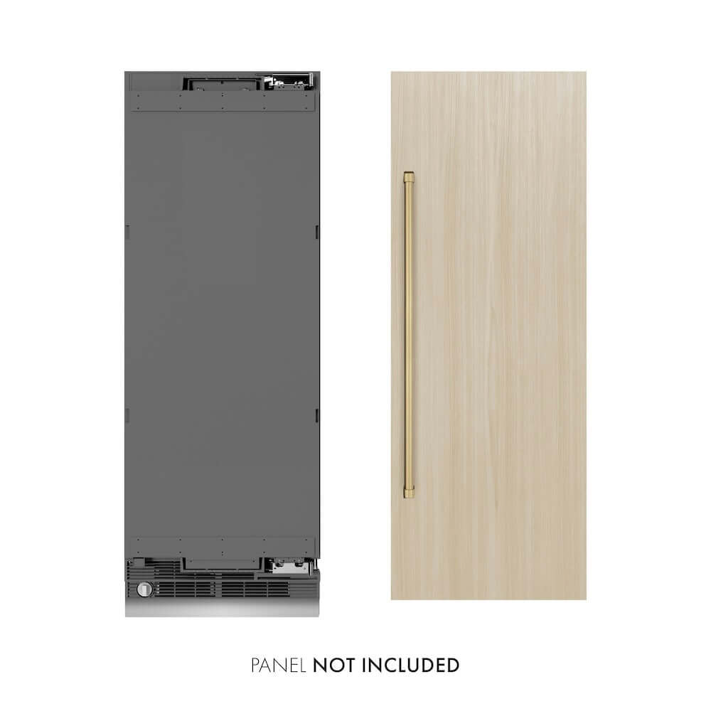 ZLINE Autograph Edition 30 in. 16.7 cu. ft. Panel Ready Column Refrigerator with Graphite Gray Interior and Champagne Bronze Accents (RBCRVZ-30-CB) front, next to custom panels. Text: Panels not included.