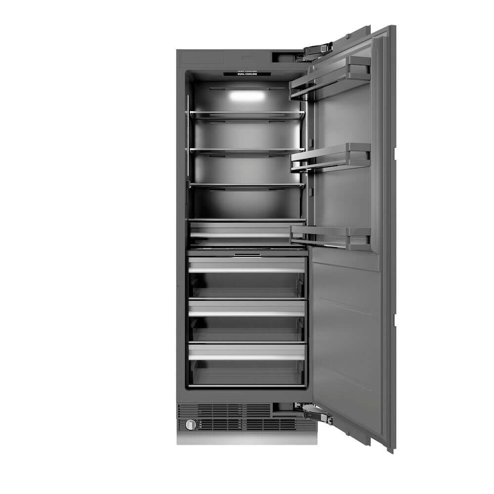 ZLINE Autograph Edition 30 in. 16.7 cu. ft. Panel Ready Column Refrigerator with Graphite Gray Interior and Polished Gold Accents (RBCRVZ-30-G) front, open.
