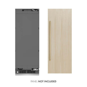 ZLINE Autograph Edition 30 in. 16.7 cu. ft. Panel Ready Column Refrigerator with Graphite Gray Interior and Polished Gold Accents (RBCRVZ-30-G) front, next to custom panels. Text: Panels not included.