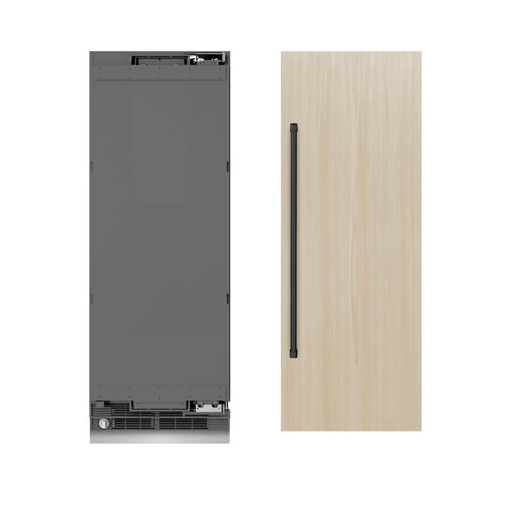 ZLINE Autograph Edition 30 in. 16.7 cu. ft. Panel Ready Column Refrigerator with Graphite Gray Interior and Matte Black Accents (RBCRVZ-30-MB) unit without panels next to custom panels.