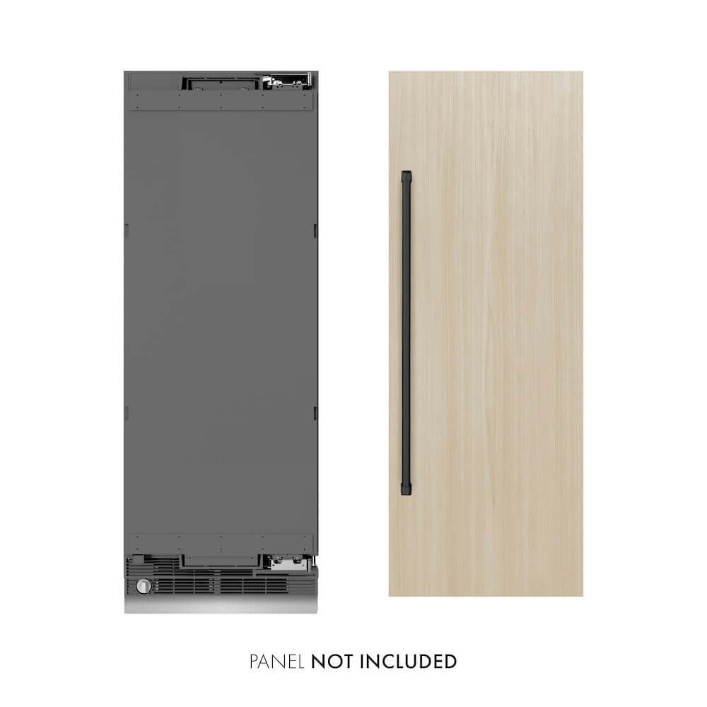 ZLINE Autograph Edition 30 in. 16.7 cu. ft. Panel Ready Column Refrigerator with Graphite Gray Interior and Matte Black Accents (RBCRVZ-30-MB) front, next to custom panels. Text: Panels not included.