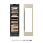 ZLINE 24 in. 12.4 cu. ft. Triple Zone 100 Bottle Panel Ready Column Wine Cooler (RBCWV-24) front, next to custom panel and handle. Text: Panel and handle not included.