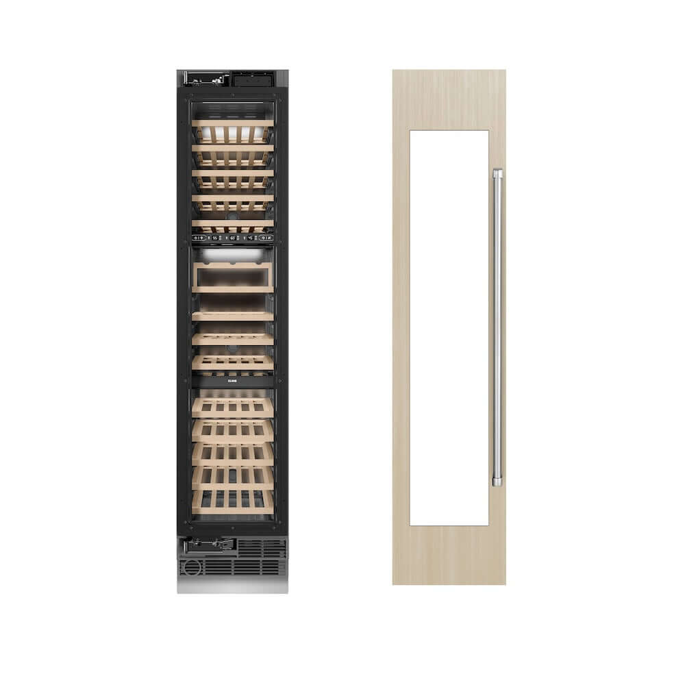 ZLINE 18 in. 9.0 cu. ft. Triple Zone 68 Bottle Panel Ready Left Hinge Column Wine Cooler (RBCWVL-18) unit without panels next to custom panels.