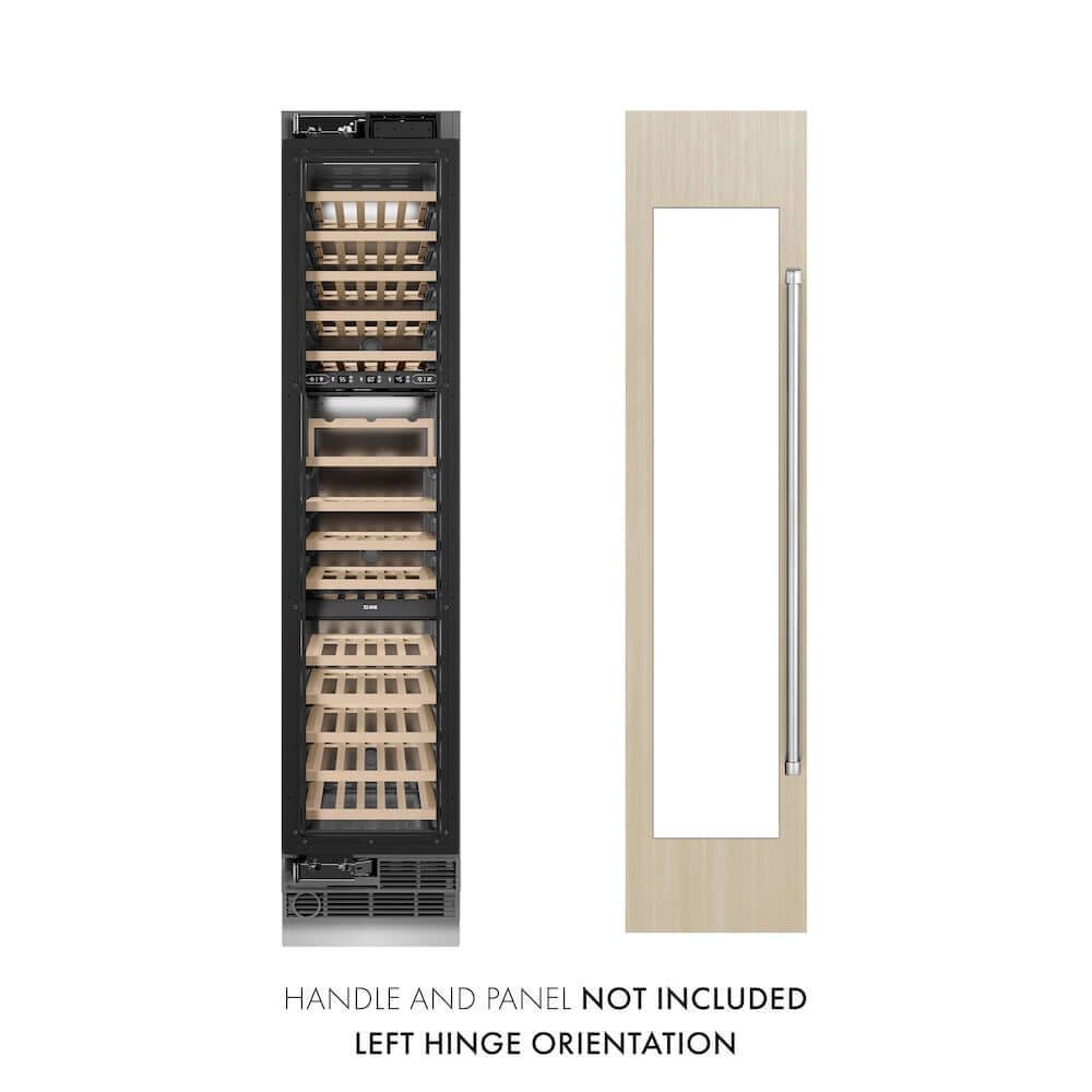 ZLINE 18 in. 9.0 cu. ft. Triple Zone 68 Bottle Panel Ready Left Hinge Column Wine Cooler (RBCWVL-18) front, next to custom panel and handle. Text: Panel and handle not included.