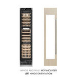 ZLINE 18 in. 9.0 cu. ft. Triple Zone 68 Bottle Panel Ready Left Hinge Column Wine Cooler (RBCWVL-18) front, next to custom panel and handle. Text: Panel and handle not included.