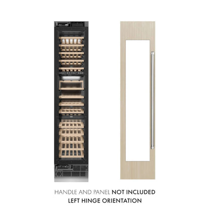 ZLINE 18 in. 9.0 cu. ft. Triple Zone 68 Bottle Panel Ready Left Hinge Column Wine Cooler (RBCWVL-18) front, next to custom panel and handle. Text: Panel and handle not included.