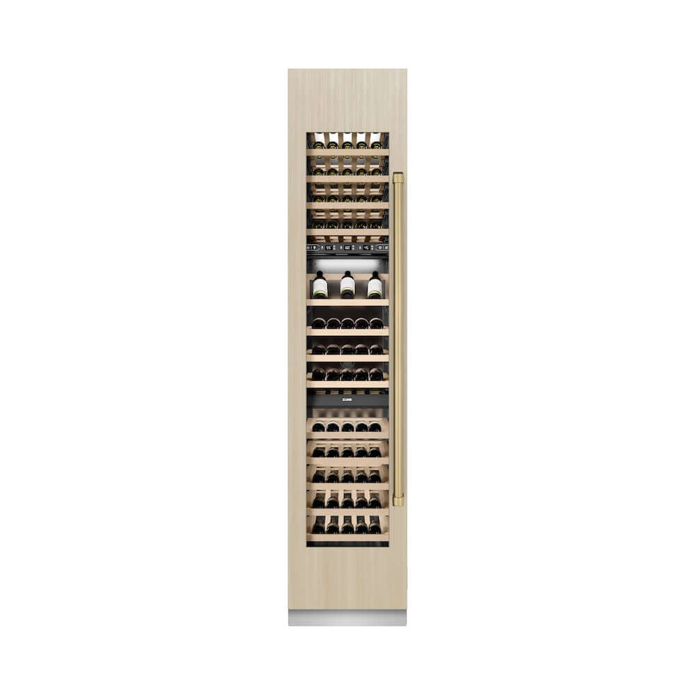 ZLINE Autograph Edition 18 in. 9.0 cu. ft. Triple Zone 68 Bottle Panel Ready Left Hinge Column Wine Cooler with Champagne Bronze Accents (RBCWVLZ-18-CB) front, closed, with custom panel.