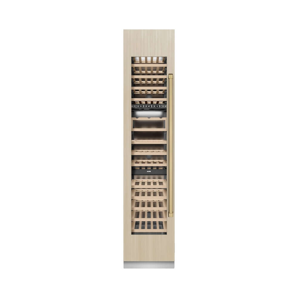 ZLINE Autograph Edition 18 in. 9.0 cu. ft. Triple Zone 68 Bottle Panel Ready Left Hinge Column Wine Cooler with Champagne Bronze Accents (RBCWVLZ-18-CB) front, closed, with custom panel.