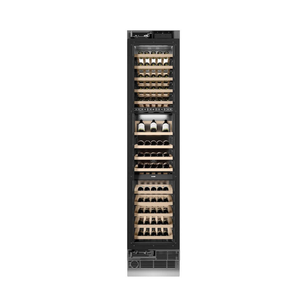 ZLINE Autograph Edition 18 in. 9.0 cu. ft. Triple Zone 68 Bottle Panel Ready Left Hinge Column Wine Cooler with Champagne Bronze Accents (RBCWVLZ-18-CB) front, closed.