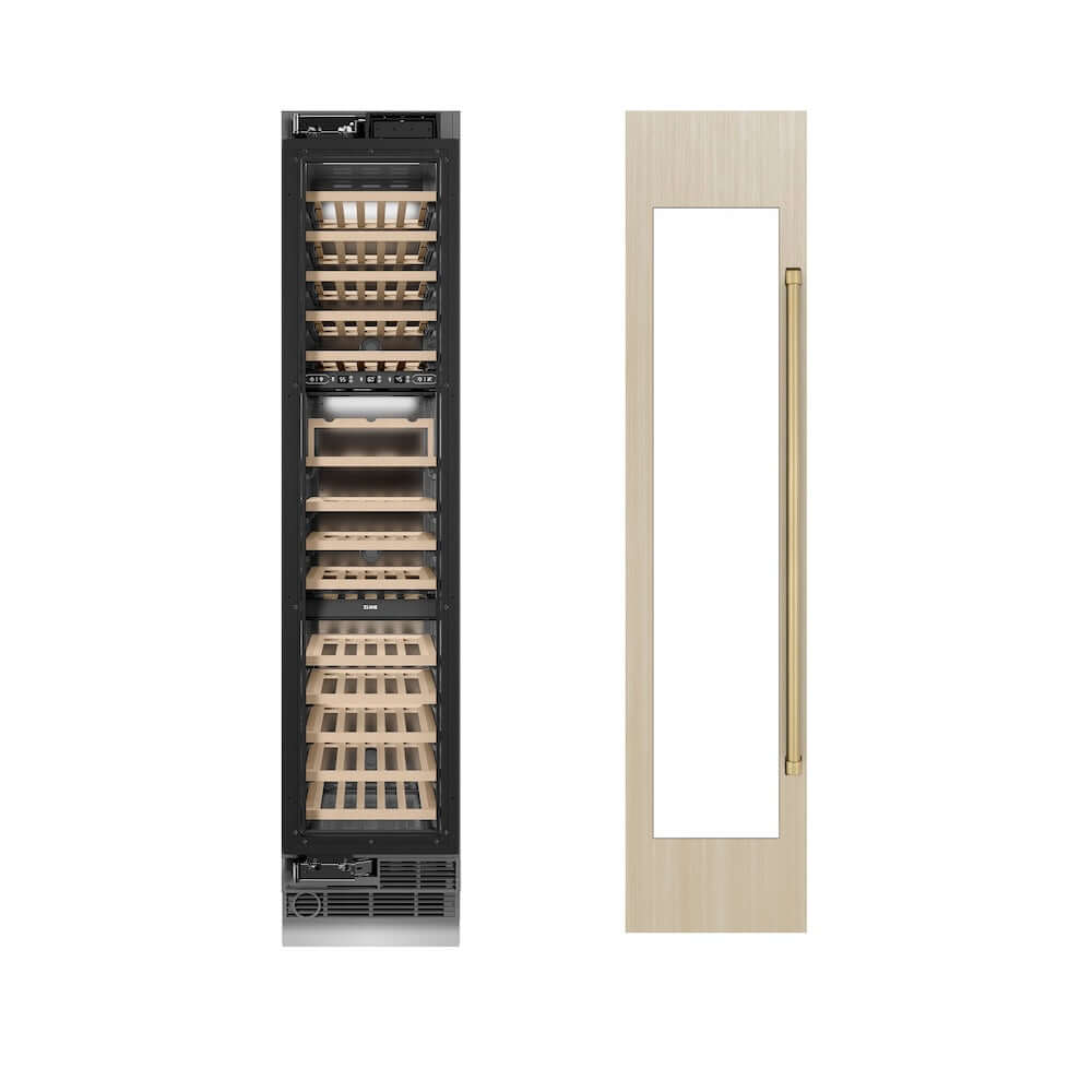 ZLINE Autograph Edition 18 in. 9.0 cu. ft. Triple Zone 68 Bottle Panel Ready Left Hinge Column Wine Cooler with Champagne Bronze Accents (RBCWVLZ-18-CB) unit without panels next to custom panels.