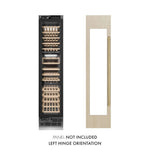 ZLINE Autograph Edition 18 in. 9.0 cu. ft. Triple Zone 68 Bottle Panel Ready Left Hinge Column Wine Cooler with Champagne Bronze Accents (RBCWVLZ-18-CB) front, next to custom panels. Text: Panels not included.