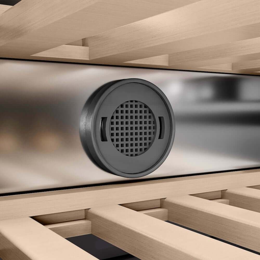 ZLINE Autograph Edition 18 in. 9.0 cu. ft. Triple Zone 68 Bottle Panel Ready Left Hinge Column Wine Cooler with Polished Gold Accents (RBCWVLZ-18-G) carbon filter.