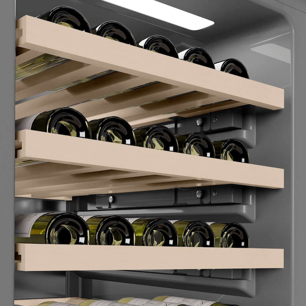 ZLINE Autograph Edition 18 in. 9.0 cu. ft. Triple Zone 68 Bottle Panel Ready Left Hinge Column Wine Cooler with Polished Gold Accents (RBCWVLZ-18-G) grey interior.