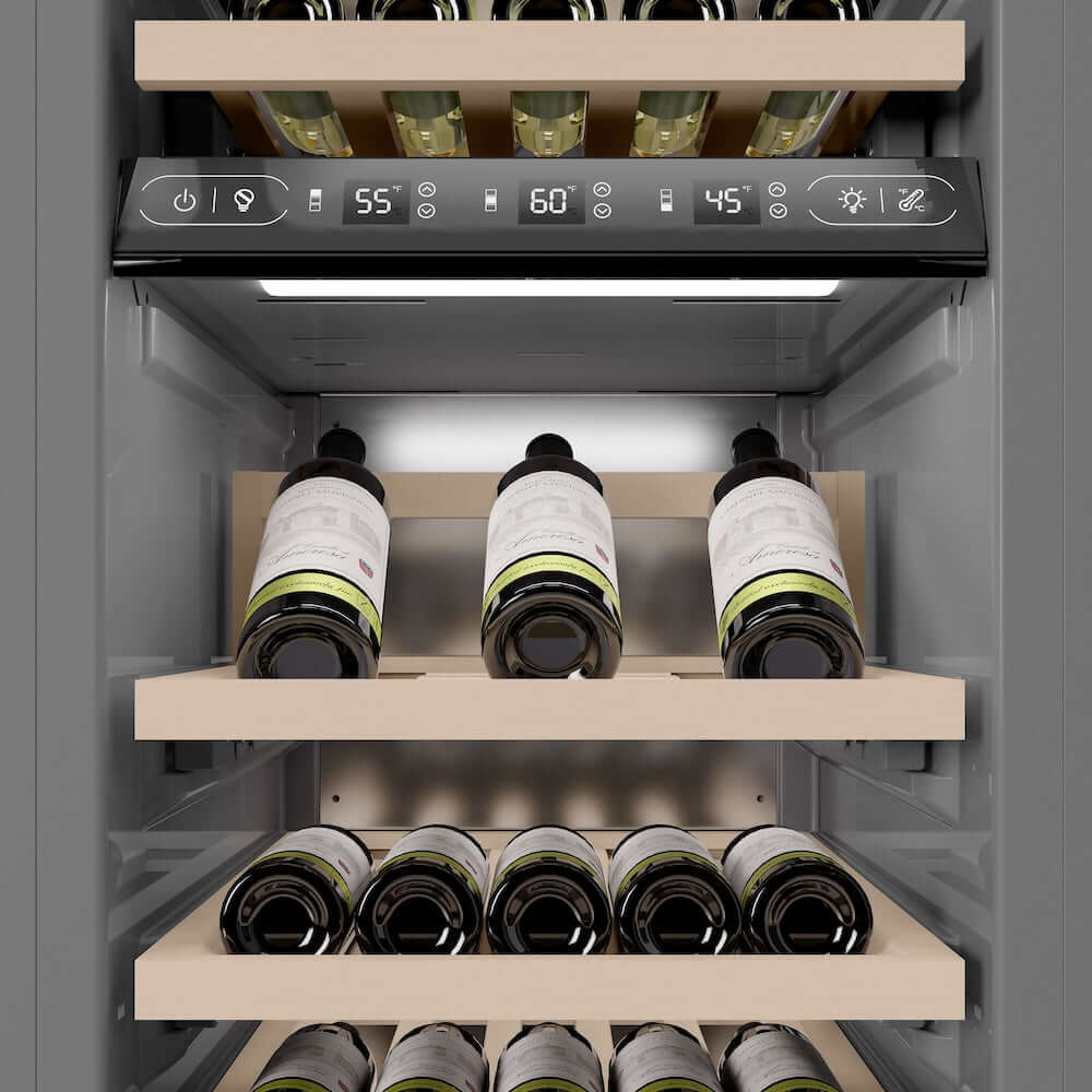 ZLINE Autograph Edition 18 in. 9.0 cu. ft. Triple Zone 68 Bottle Panel Ready Left Hinge Column Wine Cooler with Polished Gold Accents (RBCWVLZ-18-G) internal storage racks and controls.
