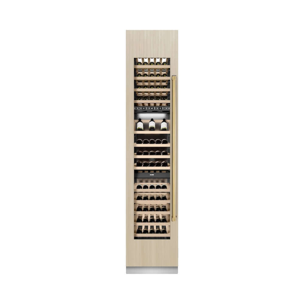 ZLINE Autograph Edition 18 in. 9.0 cu. ft. Triple Zone 68 Bottle Panel Ready Left Hinge Column Wine Cooler with Polished Gold Accents (RBCWVLZ-18-G) front, closed, with custom panel.