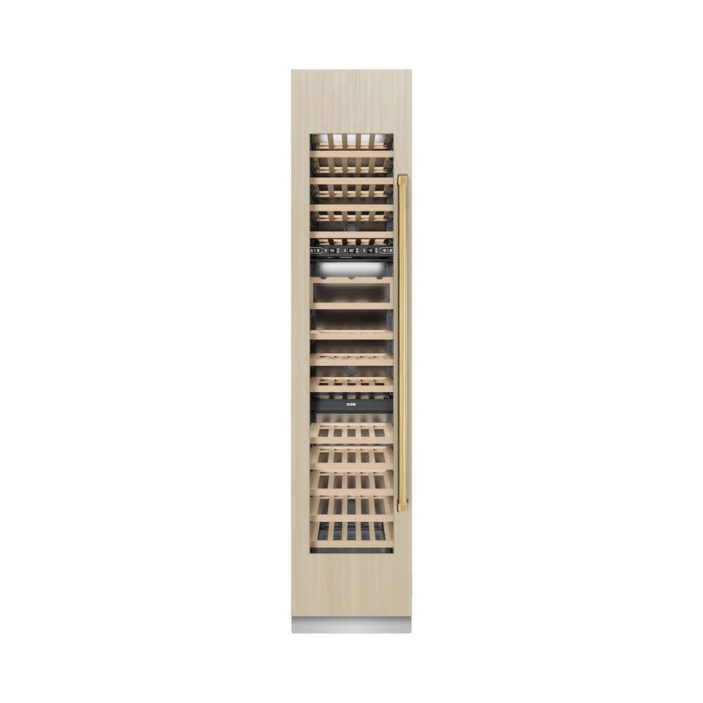 ZLINE Autograph Edition 18 in. 9.0 cu. ft. Triple Zone 68 Bottle Panel Ready Left Hinge Column Wine Cooler with Polished Gold Accents (RBCWVLZ-18-G) front, closed, with custom panel.