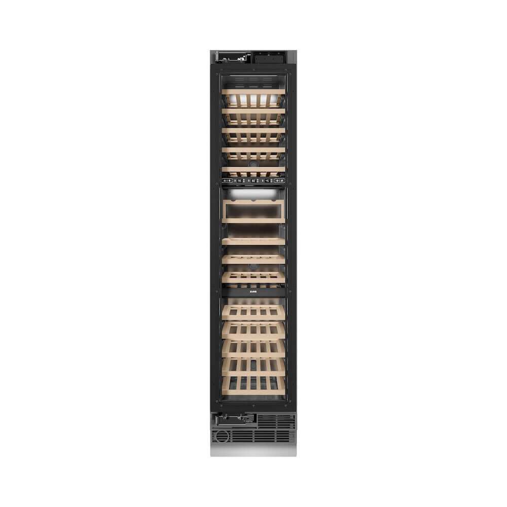 ZLINE Autograph Edition 18 in. 9.0 cu. ft. Triple Zone 68 Bottle Panel Ready Left Hinge Column Wine Cooler with Polished Gold Accents (RBCWVLZ-18-G) front, closed.