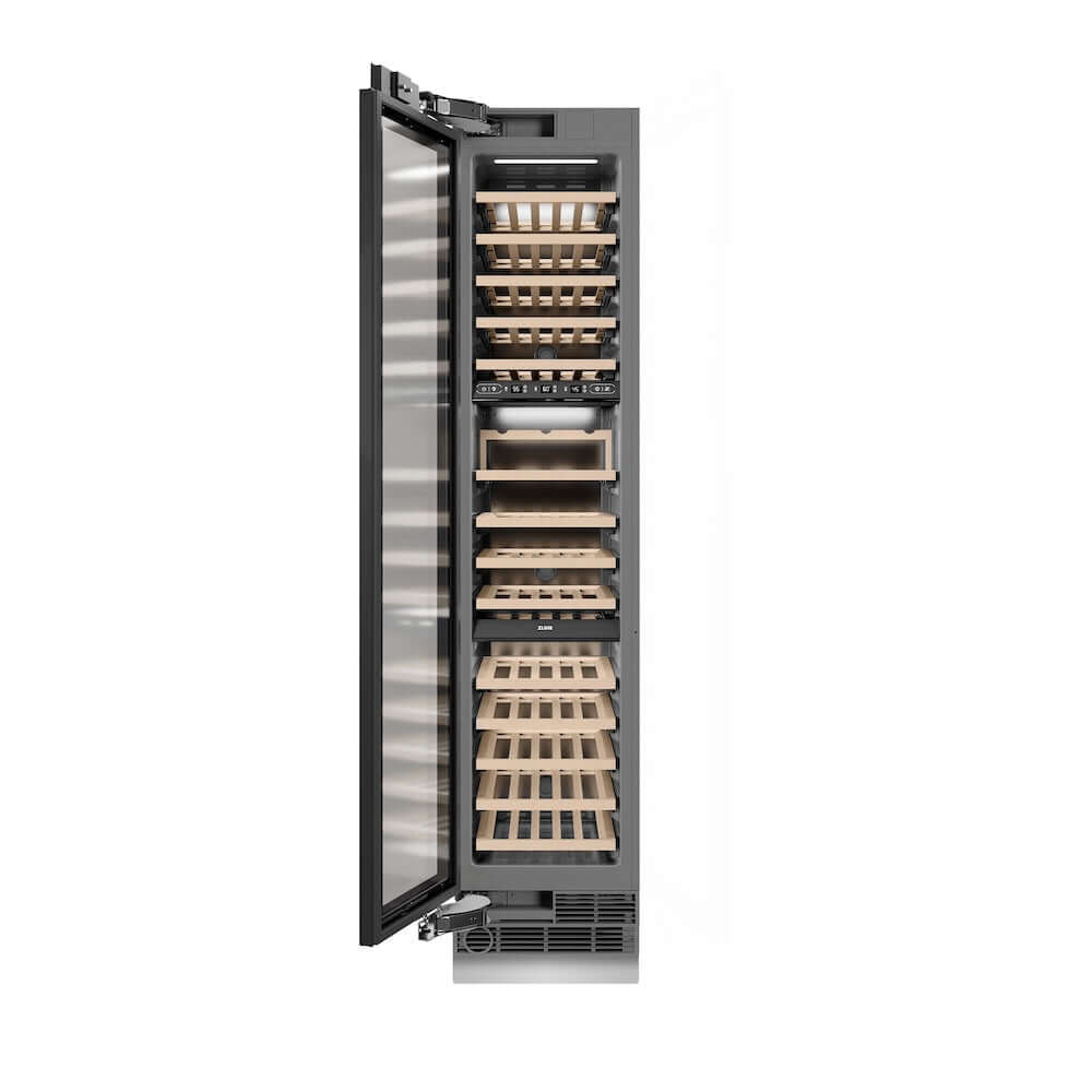 ZLINE Autograph Edition 18 in. 9.0 cu. ft. Triple Zone 68 Bottle Panel Ready Left Hinge Column Wine Cooler with Polished Gold Accents (RBCWVLZ-18-G) front, open.