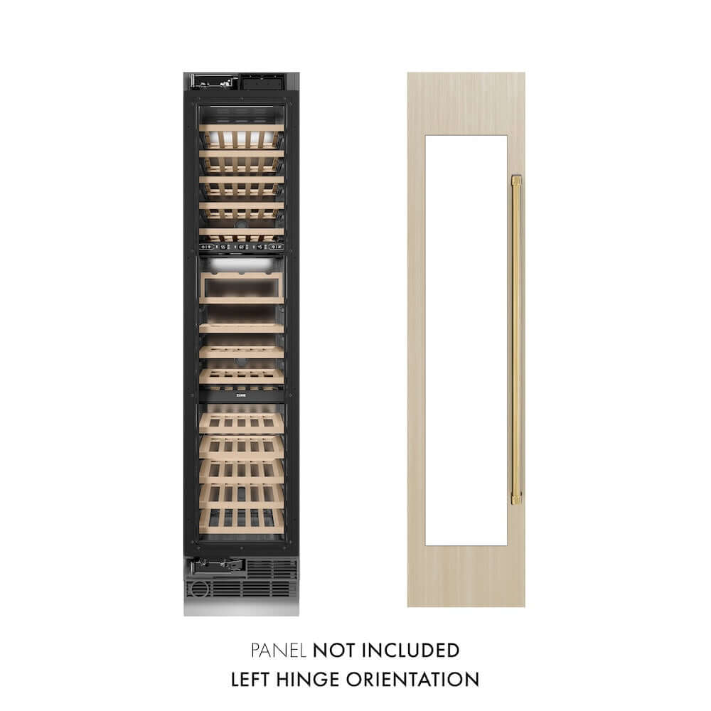 ZLINE Autograph Edition 18 in. 9.0 cu. ft. Triple Zone 68 Bottle Panel Ready Left Hinge Column Wine Cooler with Polished Gold Accents (RBCWVLZ-18-G) front, next to custom panels. Text: Panels not included.