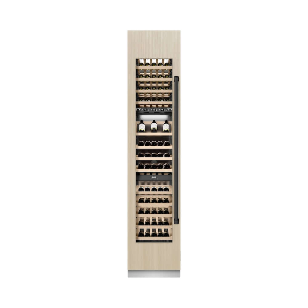 ZLINE Autograph Edition 18 in. 9.0 cu. ft. Triple Zone 68 Bottle Panel Ready Left Hinge Column Wine Cooler with Matte Black Accents (RBCWVLZ-18-MB) front, closed, with custom panel.