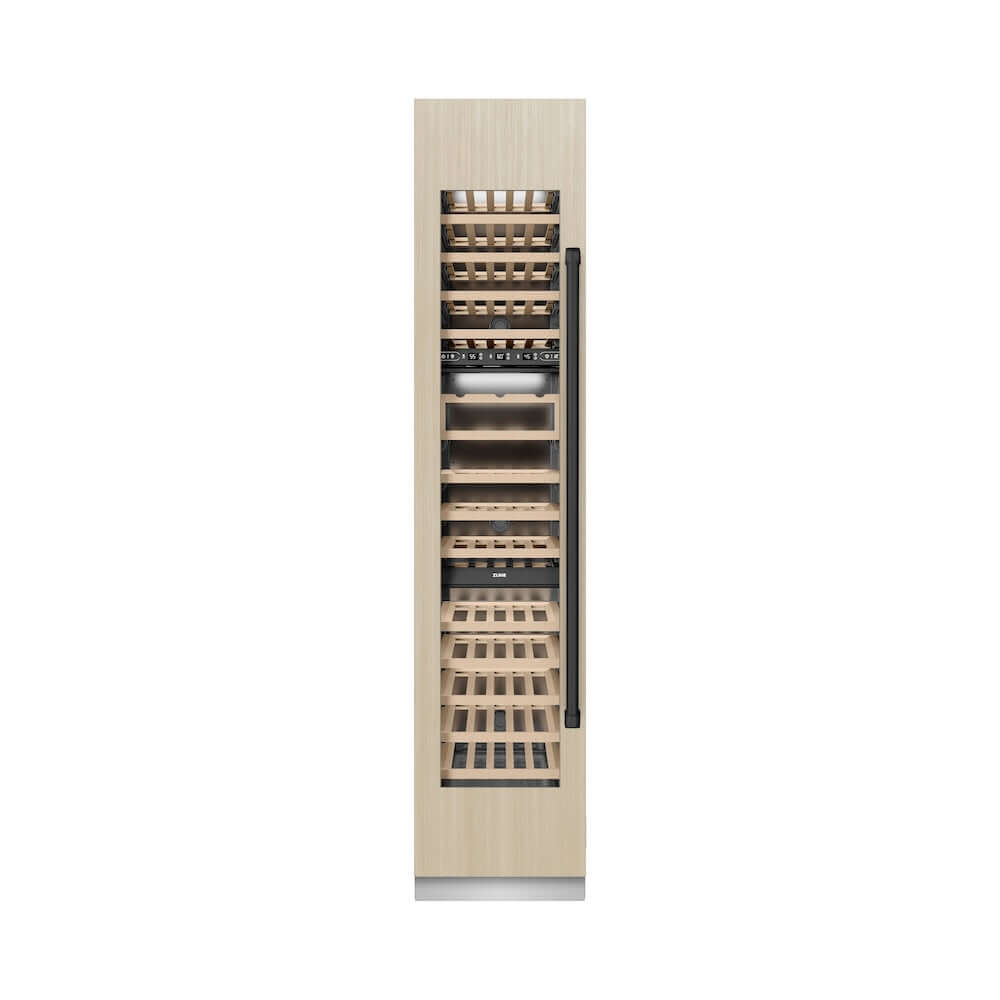 ZLINE Autograph Edition 18 in. 9.0 cu. ft. Triple Zone 68 Bottle Panel Ready Left Hinge Column Wine Cooler with Matte Black Accents (RBCWVLZ-18-MB) front, closed, with custom panel.