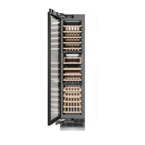 ZLINE Autograph Edition 18 in. 9.0 cu. ft. Triple Zone 68 Bottle Panel Ready Left Hinge Column Wine Cooler with Matte Black Accents (RBCWVLZ-18-MB) front, open.
